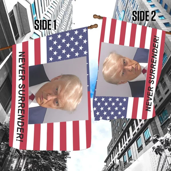 Trump Mugshot Never Surrender Flag