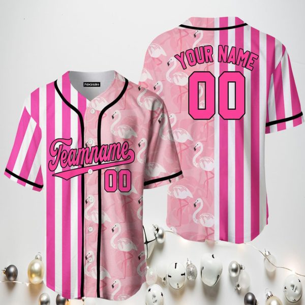 Custom Flamingo Pink Stripe Baseball Jersey