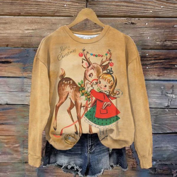 Retro Vintage Christmas Little Girl and Christmas Deer Sweatshirt