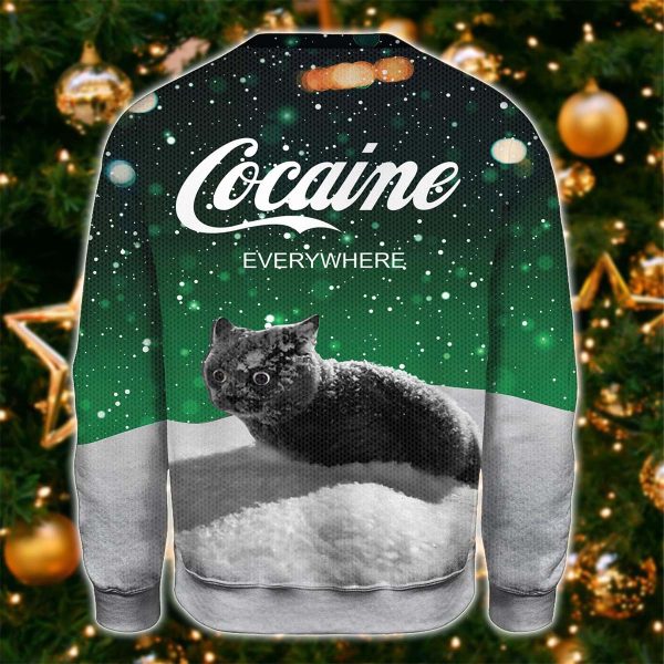 Snow Cat Cocaine Everywhere Christmas Sweater