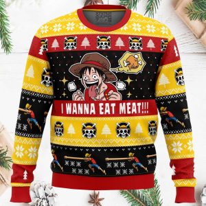 I Want To Eat Meat Luffy One Piece Ugly Christmas Sweater