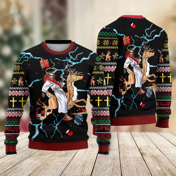 Jesus Riding Reindeer Black Ugly Christmas Sweater