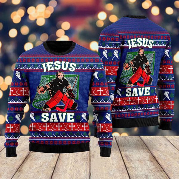 Jesus Saves Hockey Ugly Christmas Sweater