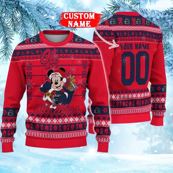 NCAA Ole Miss Rebels Mickey Mouse Personalized Christmas Ugly Sweater