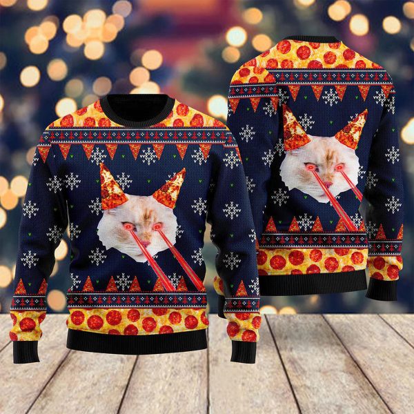Pizza Cat With Laser Eyes Ugly Christmas Sweater