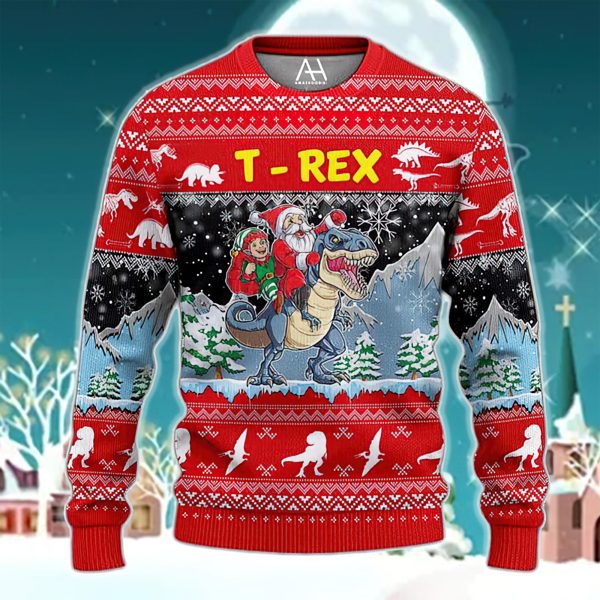 Santa Riding Dinosaur T-Rex Ugly Christmas Sweater