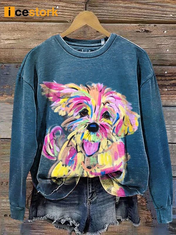 Simple Crayon Puppy Print Casual Sweatshirt
