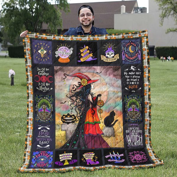 Beautiful Fantasy Witch With Her Cat Quilt Blanket