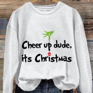 Cheer Up Dude It's Christmas Green Monster Print Sweatshirt