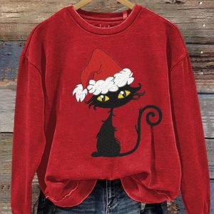 Christmas Cat Print Sweatshirt