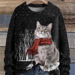 Christmas Cat Snow Forest Funny Cute Print Sweater