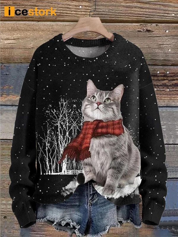 Christmas Cat Snow Forest Funny Cute Print Sweater