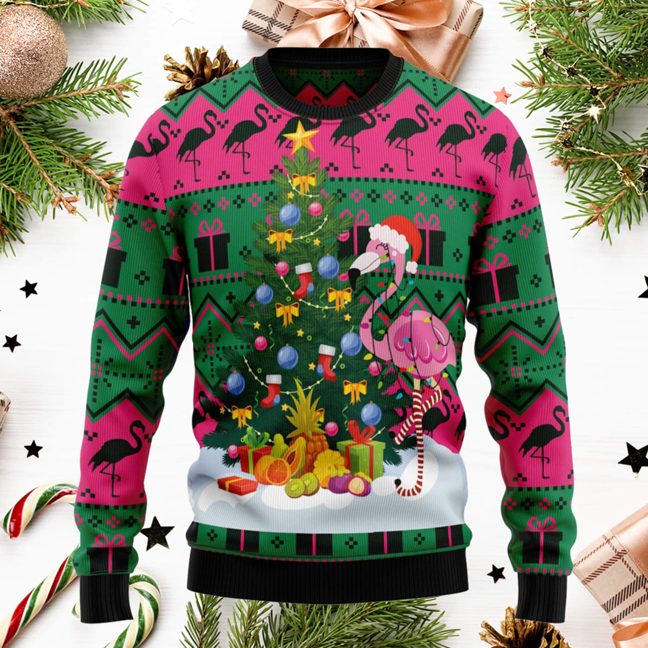 Flamingo Christmas Tree Ugly Christmas Sweater - Icestork