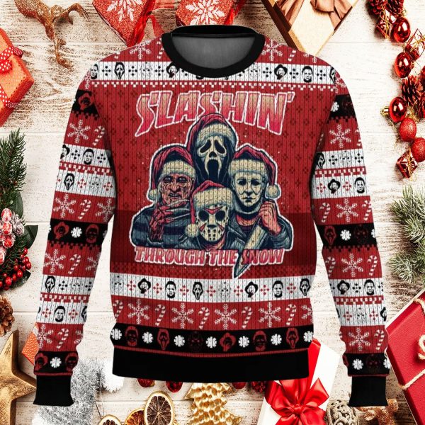 Horror Guys Slashin Through The Snow Christmas Ugly Christmas Sweater