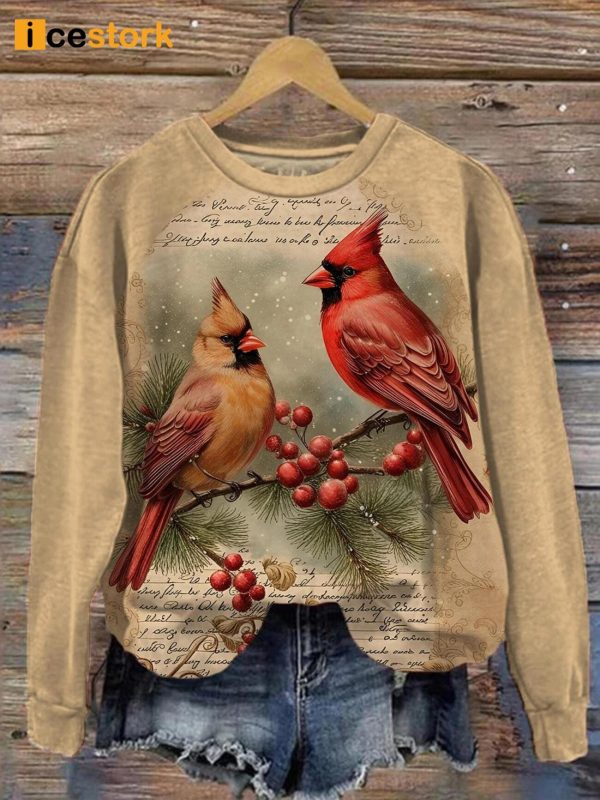 Vintage Cardinal Bird Print Long Sleeve Tee