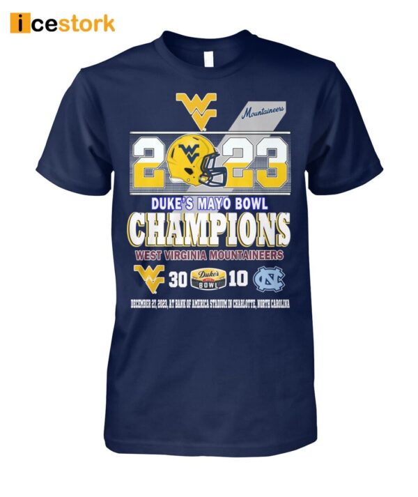 2023 Duke’s Mayo Bowl Champions West Virginia Mountaineers 30-10 North Carolina Football Shirt