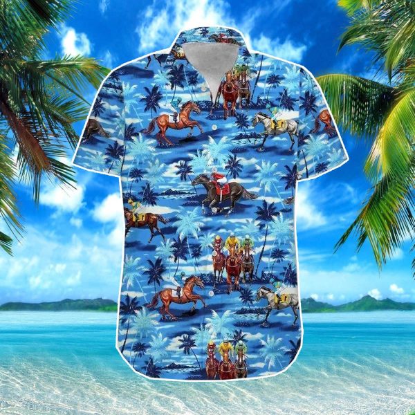 Horse Racing Blue Palm Tree Hawaiian Shirt