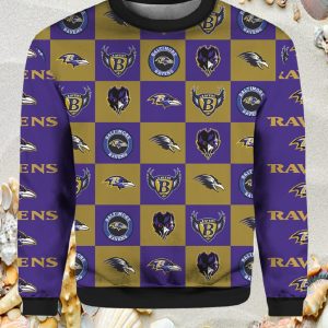 Ravens Checkered Flannel Design Knitted Ugly Christmas Sweater