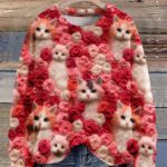 Valentine’s Day Cute Cat Seamless Pattern Print Sweater