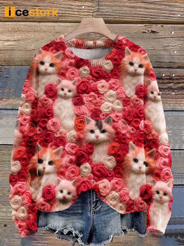 Valentine’s Day Cute Cat Seamless Pattern Print Sweater