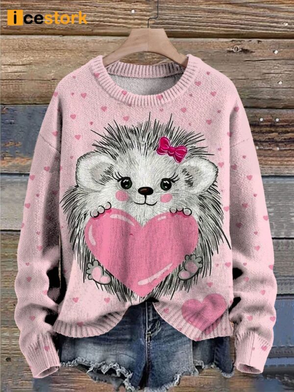 Valentine’s Day Cute Hedgehog Heart Love Art Pattern Print Casual Pullover Sweater