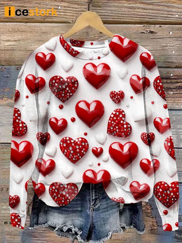 Valentine’s Day Red Glitter Love Hearts Print Casual Sweatshirt