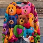 Valentine’s Day Teddy Bear With Hearts Seamless Pattern Print Sweatshirt