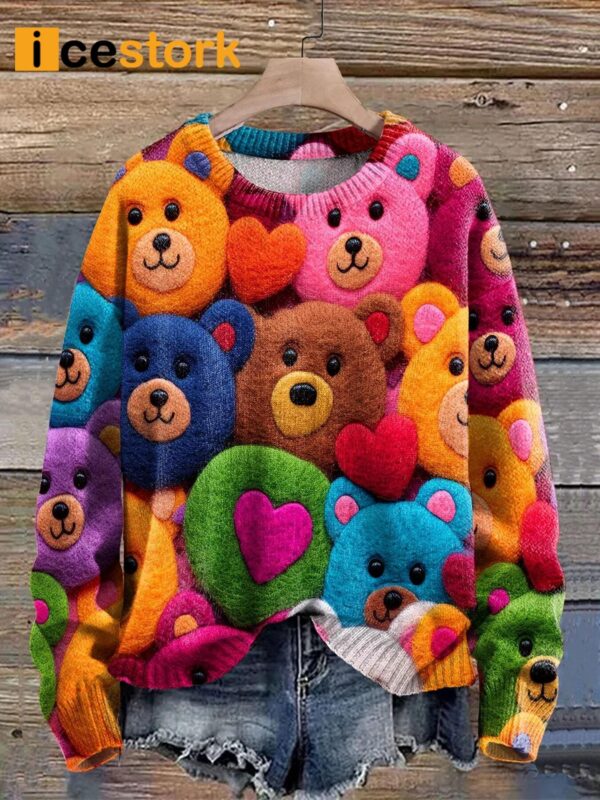 Valentine’s Day Teddy Bear With Hearts Seamless Pattern Print Sweatshirt