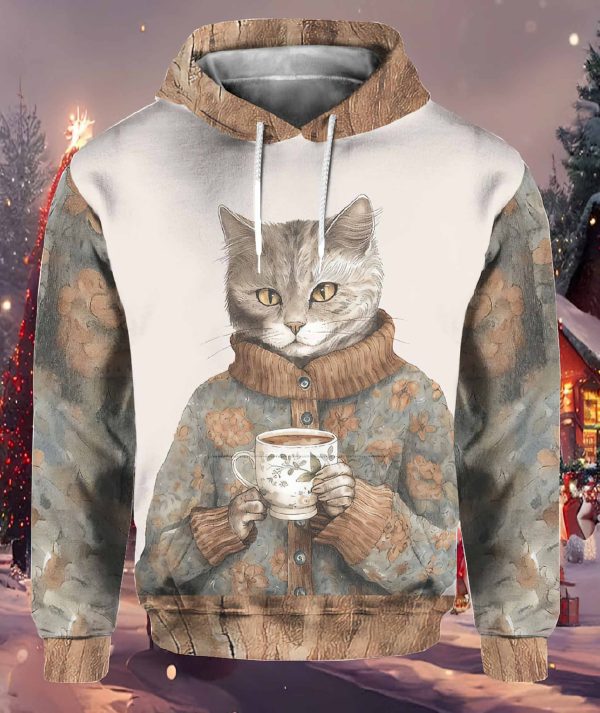 Women’s Winter Funny Cute Wonderland Clothing Floral Cat Hoodie