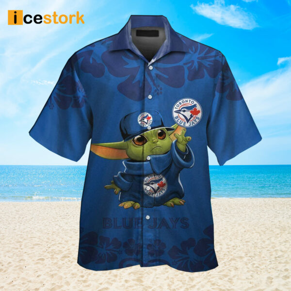 Blue Jays Baby Yoda Short Sleeve Button Up Tropical Hawaiian Shirt