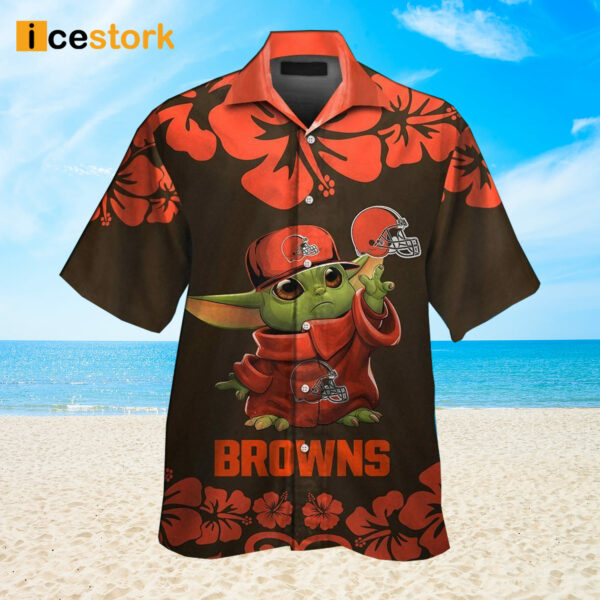 Browns Baby Yoda Short Sleeve Button Up Tropical Hawaiian Shirt