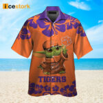 Clemson Tigers Baby Yoda Short Sleeve Button Up Tropical Hawaiian Shirt