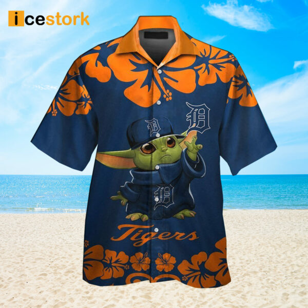 Detroit Tigers Baby Yoda Short Sleeve Button Up Tropical Hawaiian Shirt
