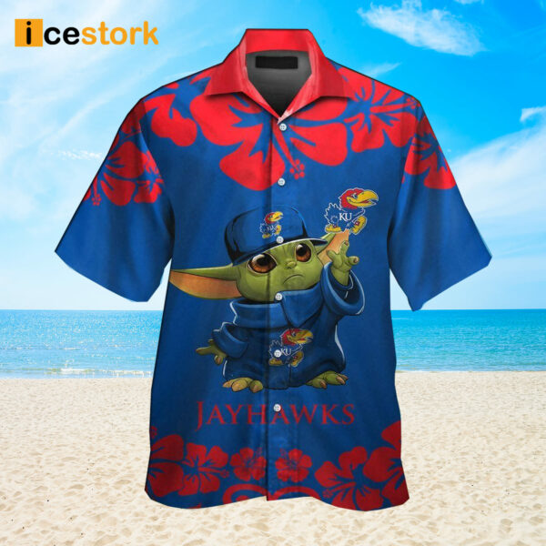 Jayhawks Baby Yoda Short Sleeve Button Up Tropical Hawaiian Shirt