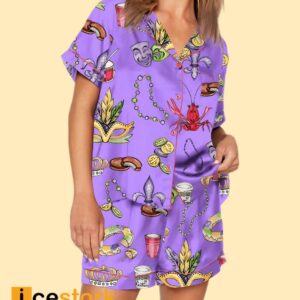 Mardi Gras Beads King Cake Crawfish Short Pajama Set