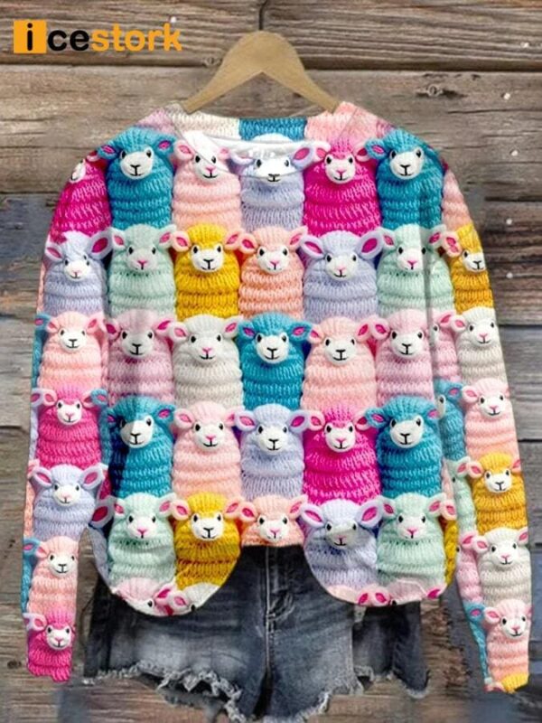 Women’s Cute Farm Pastel Sheep Embroidery Art Print Sweatshirt
