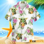 Baby Yoda Hugging Pineapples Seamless Tropical Colorful Flowers On White Hawaiian Shirt