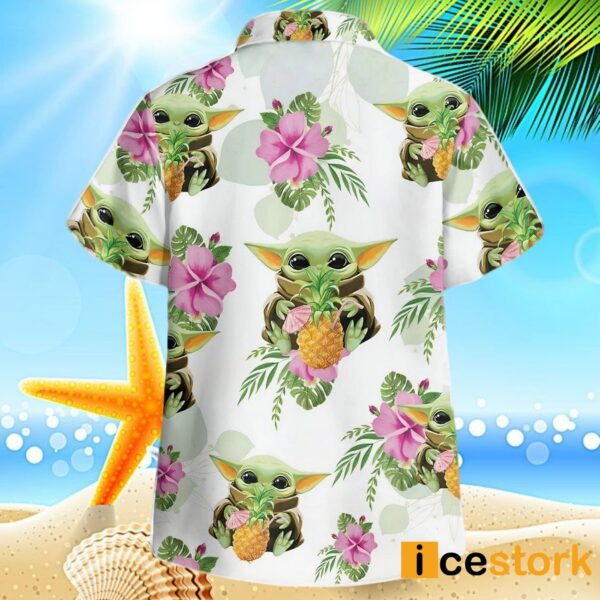 Baby Yoda Hugging Pineapples Seamless Tropical Colorful Flowers On White Hawaiian Shirt