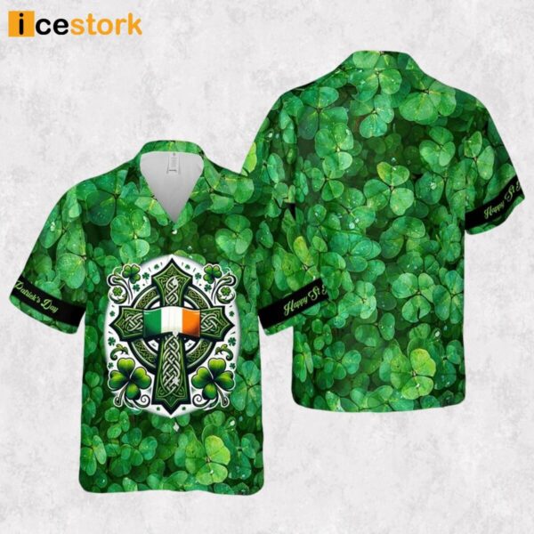 Happy St Patrick’s Day Irish Celtic Cross Ireland Flag Shamrock Hawaiian Shirt