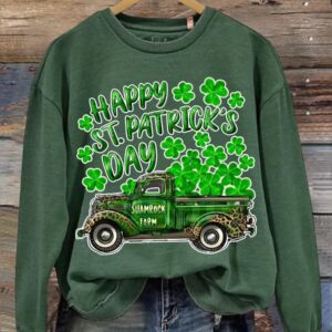 Happy St Patrick's Day Shamrock Farm Truck Print Casual Sweatshirt