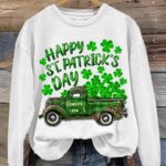 Happy St Patrick’s Day Shamrock Farm Truck Print Casual Sweatshirt