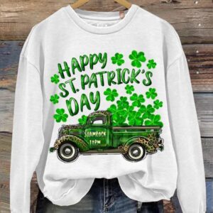 Happy St Patrick's Day Shamrock Farm Truck Print Casual Sweatshirt