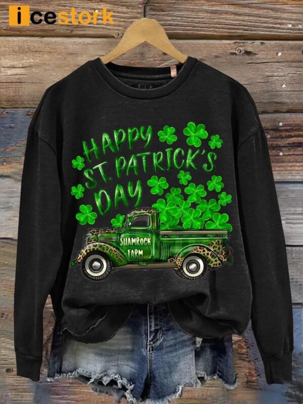 Happy St Patrick’s Day Shamrock Farm Truck Print Casual Sweatshirt