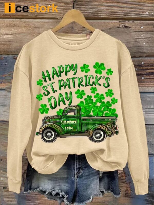 Happy St Patrick’s Day Shamrock Farm Truck Print Casual Sweatshirt