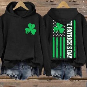 Women's St Patrick's Day American Flag Lucky Shamrock Casual Hoodie