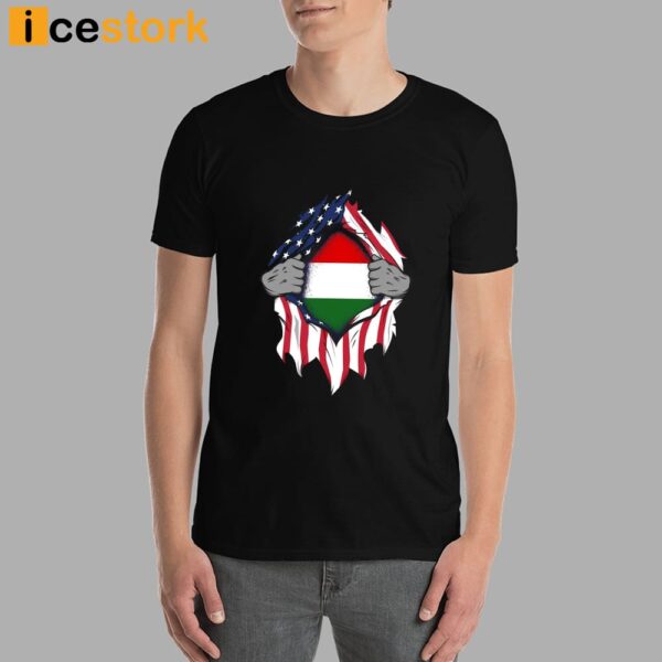 Hungarian American Flags Hands Ripping Flag on Chest Shirt