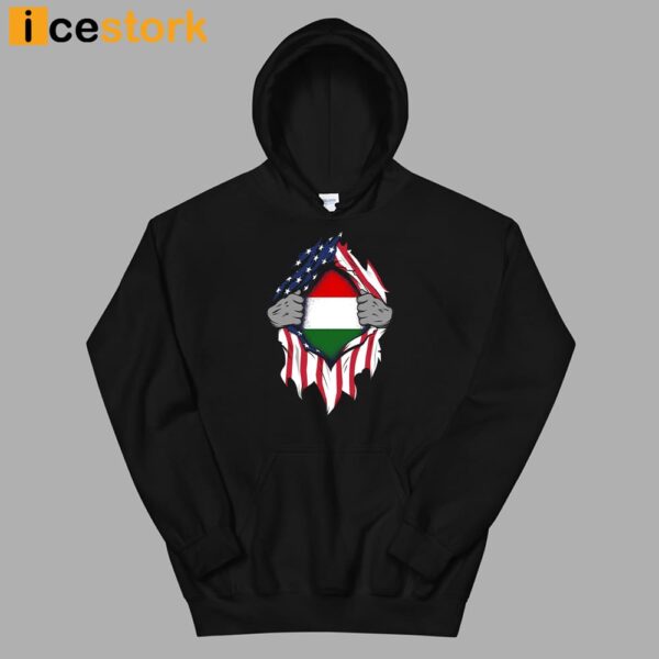 Hungarian American Flags Hands Ripping Flag on Chest Shirt