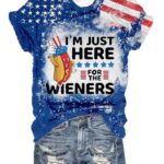 Women’s Independence Day I’m Just Here For The Wieners Flag Print T-Shirt