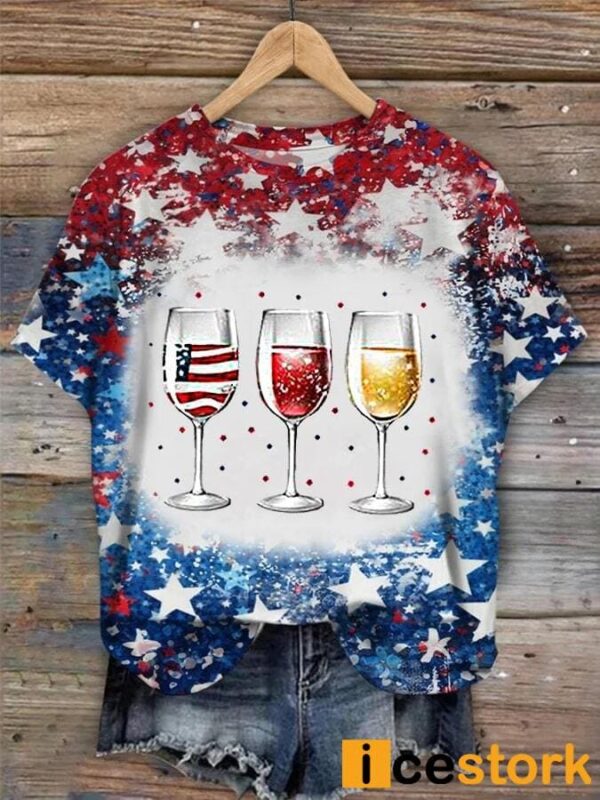 Women’s Independence Day Red Wine Blue Wine Glass Shirt